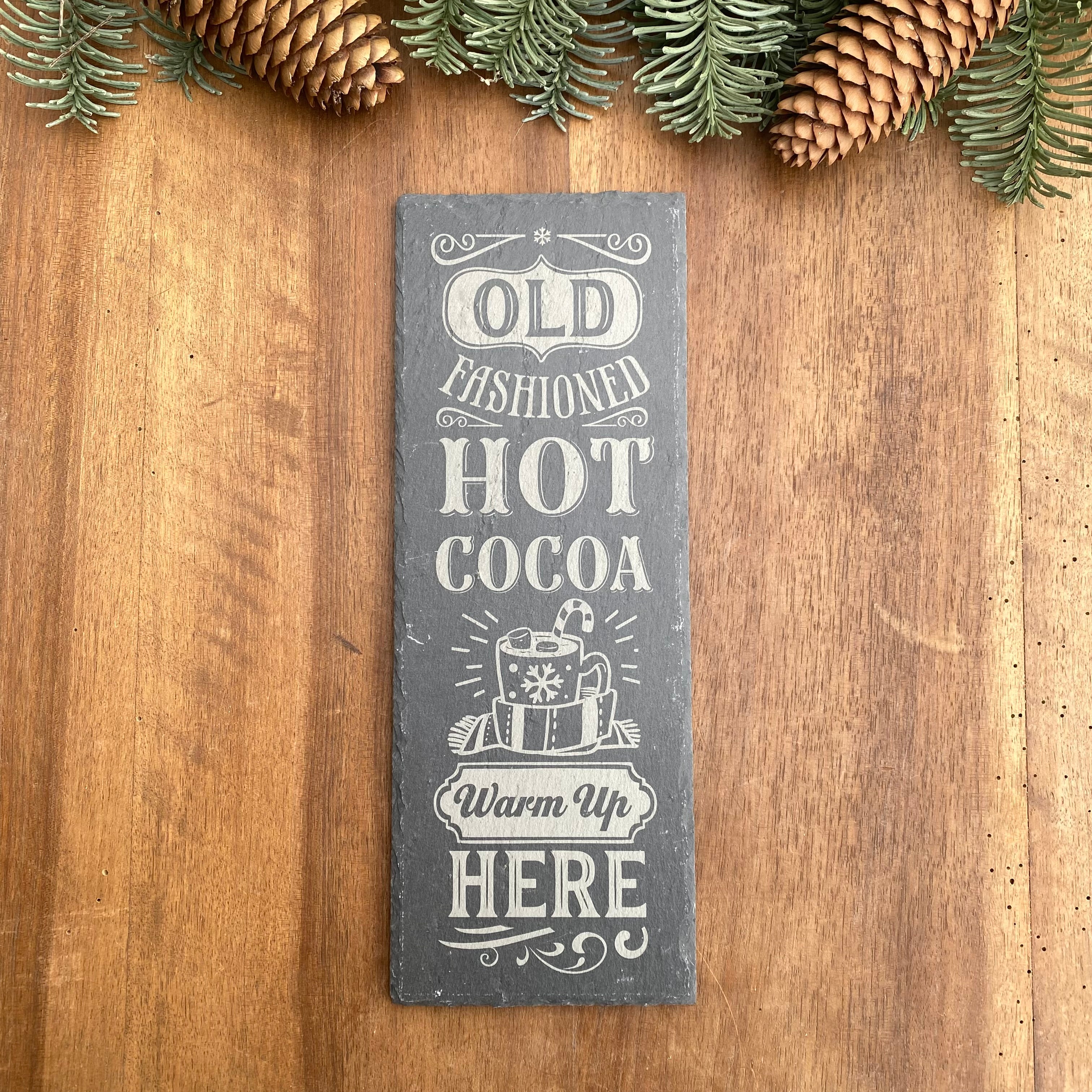 Plateau décoratif en ardoise gravée – « Old Fashioned Hot Cocoa »