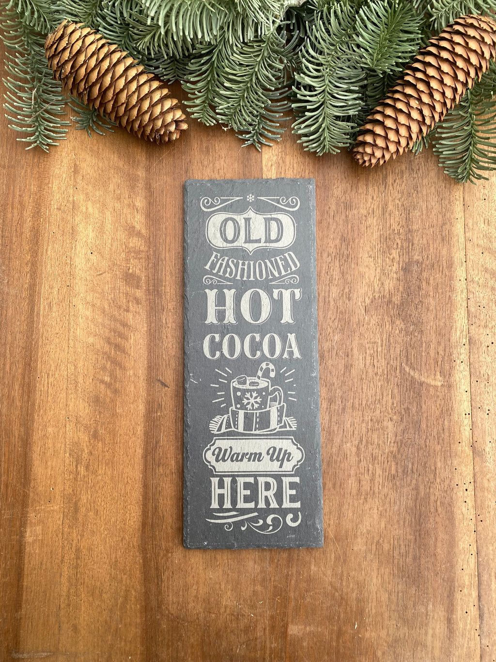 Plateau décoratif en ardoise gravée – « Old Fashioned Hot Cocoa »