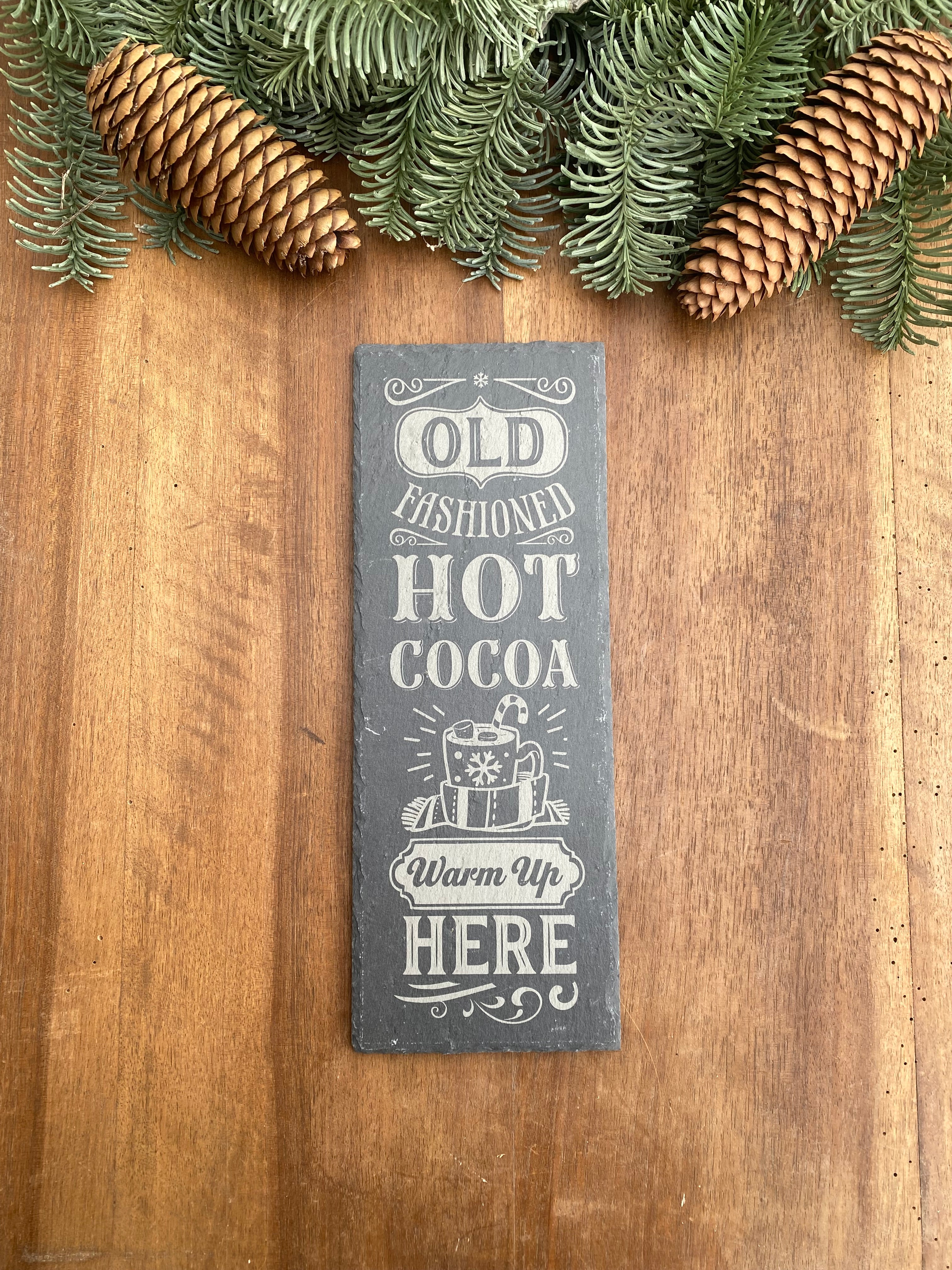 Plateau décoratif en ardoise gravée – « Old Fashioned Hot Cocoa »